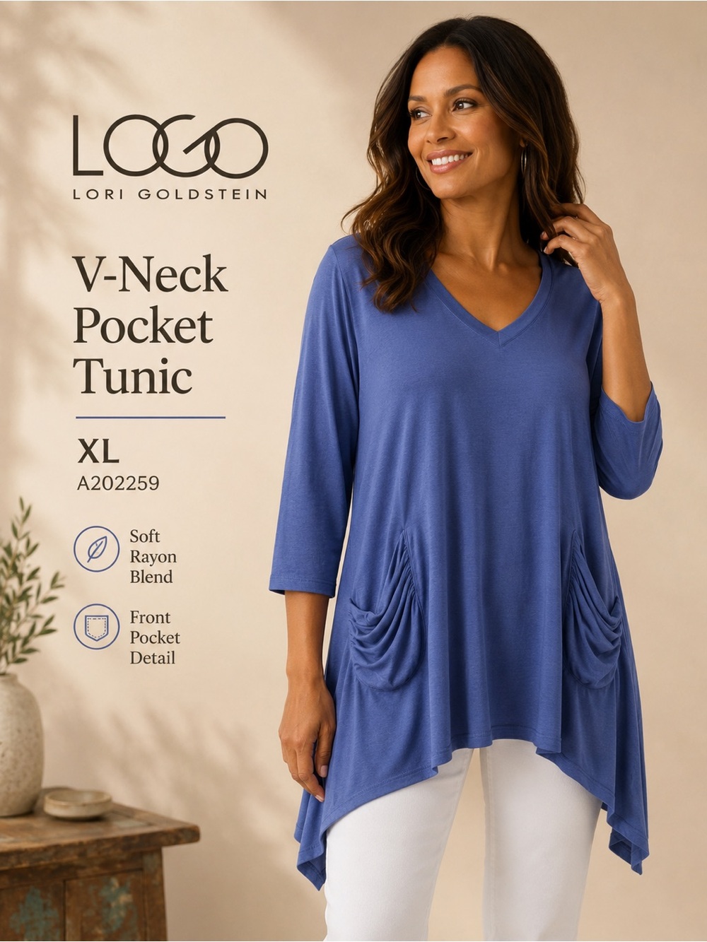 LOGO by Lori Goldstein A202259 Blue River V-Neck Asymmetrical Pocket Tunic